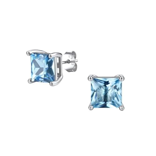 FindChic 2 Carat Birthstone Stud Earrings for Women, Round/Heart/Princess Cut Stud Earrings, Hypoallergenic Studs with 925 Sterling Silver Posts, 12 Months Birthday Jewelry Gift 03. March-Aq