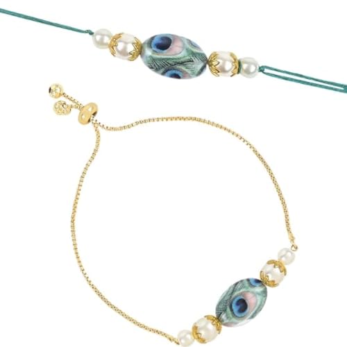 Image of I Jewels Pearl Bhaiya Bhabhi Lumba Rakhi Bracelet Combo Set With Roli Chawal & Rakshabandhan Greeting Card