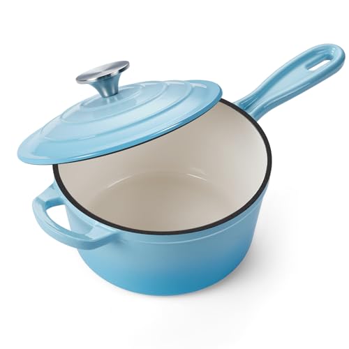 Onader 2 Quart Enameled Cast Iron Saucepan, Small Cast Iron Sauce Pan Pot for Cooking, Enamel Dutch Oven Kitchen Pot – Lake Blue