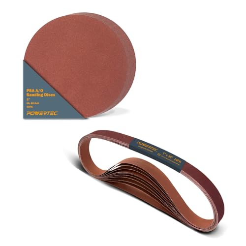 Image of POWERTEC 1x30 Sanding Belts + 5 Inch PSA Sanding Disc Set, 64PK, Aluminum Oxide 4 Each 60 /80 /120 /180 /240 /400 Grits 1 x 30 Sanding Belt & 20 Each 60 /80 Grits Adhsive Sanding Discs (45501)