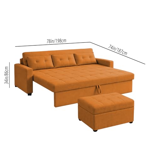Image of Emilio 3 Seater with Ottomon Pull-Out Sofa Cum Bed (Orange Color) Premium Fabric Sofa Set for Living Room | Bedroom