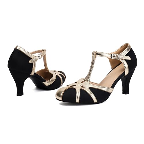 Elerhythm Women's Mary Jane Rockability Tear Cut Close Round Toe T Strap Vintage 1950s Gatsby Heels Retro 1920s Victorian Pumps Shoes (Black US8)2