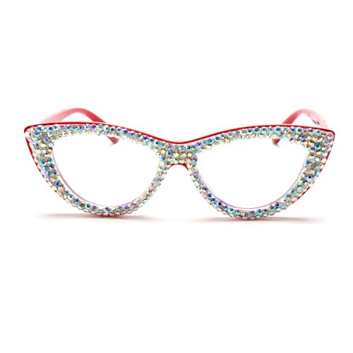 ICARA Crystal Rhinestone Blue Light Blocking Reading Glasses Fashion Cat Eye Computer Readers for Women (red, 2)