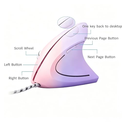 HXMJ Ergonomic Vertical Mouse Wired,USB Corded Optical Mice,7200DPI,Backilt,Right Handed Carpal Tunnel Mouse for Laptop,PC,Computer,Mac-Pink Purple - image 2