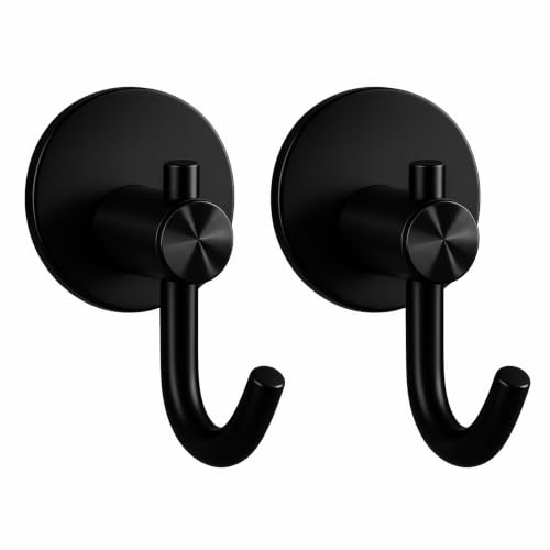 Image of JIALTO 2 Pcs Self-Adhesive Stainless Steel Hooks Heavy-Duty Wall Hanging for Bathroom & Kitchen, Drill-Free, Strong Coat /Towel Wall Hooks (Big Round Black Hook)