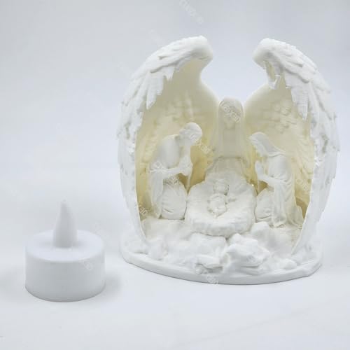 Image of Nativity Angel Lamp with Tealight | 3D Printed Holy Family Night Light | Christmas Crib LED Decor for Home, Gifts & Festive Display (White, 110 mm)