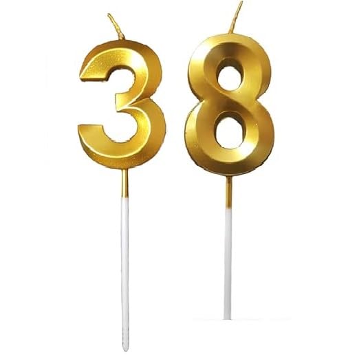 Image of ToyUniverse Number 38 Metallic Gold Candle - Pack of 2 for 38th Birthday, Anniversary, Surprise Party Cake Decoration
