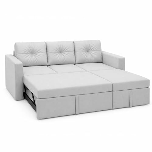 Image of FURNY Tira 4 Seater RHS Lounger Sofa Cum Bed (Light Gray) with Pull-Out Function | Luxury Velvet Suede Finish | Durable Comfort | Ideal for Living Room