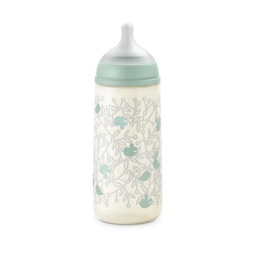 Suavinex, Biberón Anticólico de 360 ml con Tetina Fisiológica SX Pro de Silicona, de Flujo Denso (L), para Líquidos Densos, Apto Papillas Líquidas. Bebés +6 Meses. Birdies, Verde