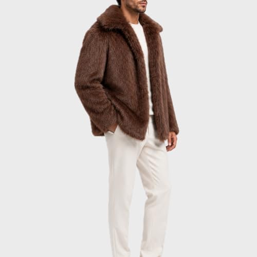 Image of Colf Men's Winter Parka Coat Lapel Faux Fur Jacket | Mens Faux Fur Coat, Long Sleeve, Fluffy Overcoat, Winter Jacket