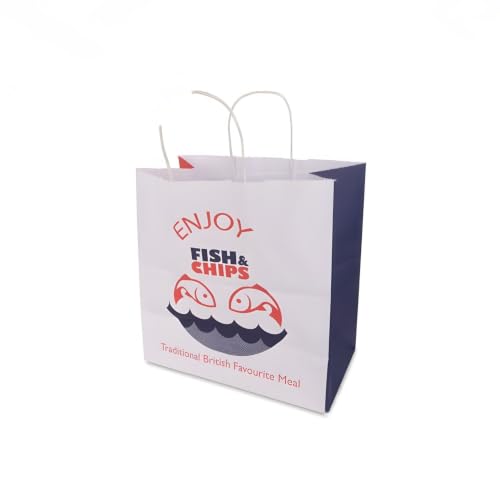 Image of Fish&chips Twisted Handles White Paper Bags Jumbo Size 320 x 210 x 320mm, 25 Pcs, Kraft Carrier Bags with Rope Style Handles for Food Delivery, Shopping & Gifts, by Easy Supply