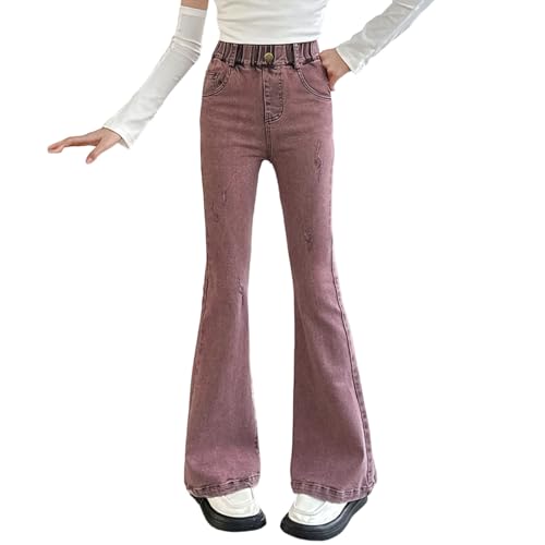 Girl's Fashion Flare Jeans Kids Elastic High Waist Stretchy Denim Pants with Pockets Outdoor Athletic Running Trousers 5-15Y