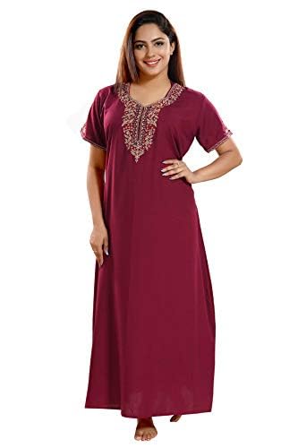 KuuKee Women's Full Length Super Quality Cotton Embroidery With Sleeves Embroidery Floor Length Nighty Style No.6157 (Large, Maroon)