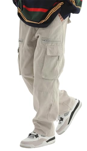 OLIPHEE Pantalones Cargo Hombre Pantalones de Trabajo Hombre Pantalón con Cordón y Bolsillos Pantalón Cintura Elástica Casual Deportivo Streetwear Gris Claro XL