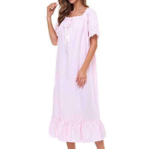 Image of Lu's Chic Women's Victorian Nightgown Cotton Sleepwear Long Loungewear Short Sleeve Vintage
