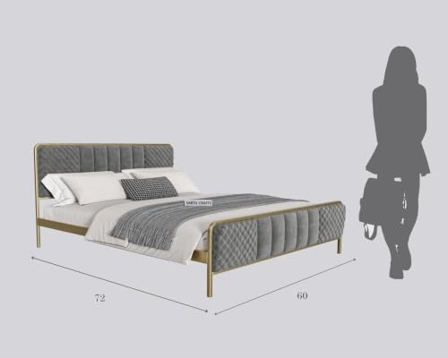 Image of Modern Upholstered Queen Size Bed for Bedroom | Metal Double Bed | Platform Cot Bed with Upholstery Premium Fabric | (6.5 x 5 Ft) | Powder Coated Bed | Grey