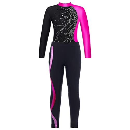 Linjinx Kids Girls Rhinestone Gymnastics Dance 2 Piece Outfits Long Sleeve Leotards with Athletic Leggings Sets Tracksuit3