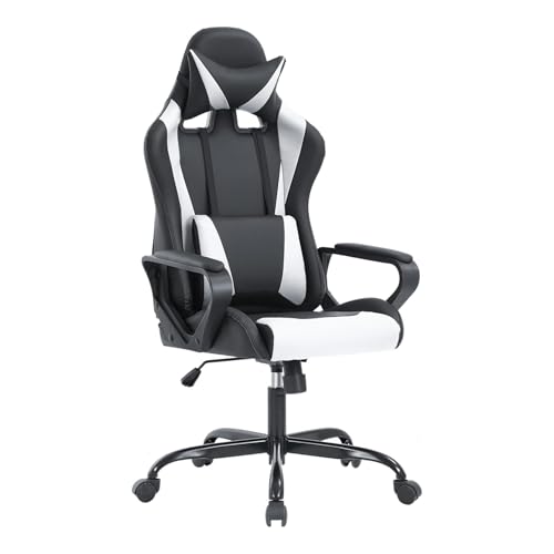 Ruesleag Home Office Gaming Chair,High-Back Ergonomic PC Computer Chair w/Lumbar Support Headrest PU Swivel Rolling Chair Task Executive Desk Chair for Teens Men and Adults,White