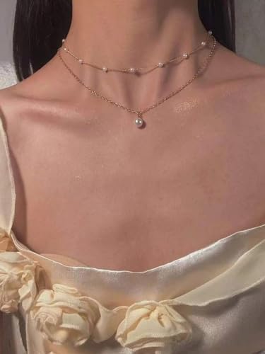 FUNEIA Dainty Pearl Necklace for Women Girls 14K Gold Plated Faux Pearl Choker Necklaces Trendy White Silver Small Pearl Necklace Strand Wedding Prom Bridal Pearls Jewelry 14/16/18/20 Inches - Thumbnail 7