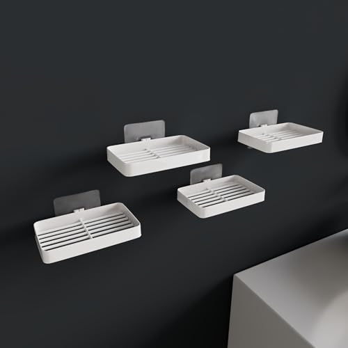 Image of Stickable Soap Holder Pack of 4 | Wall Mounted Dish | Self adhesive bathroom organizer without drill. Plastic soap stand set for family multipack home storage. Sink or kitchen.