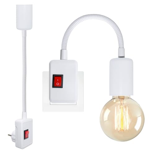 Soporte bombilla E27 con enchufe, interruptor y foco flexible de pared