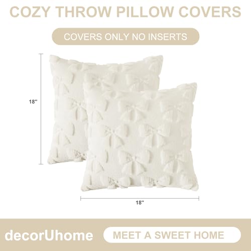 Image of decorUhome Cream White Bow Pillow Covers Set of 2 Coquette Aesthetic Cute Preppy Plush Faux Pillowcases for Girly Bedroom or Couch 18x18 Inch