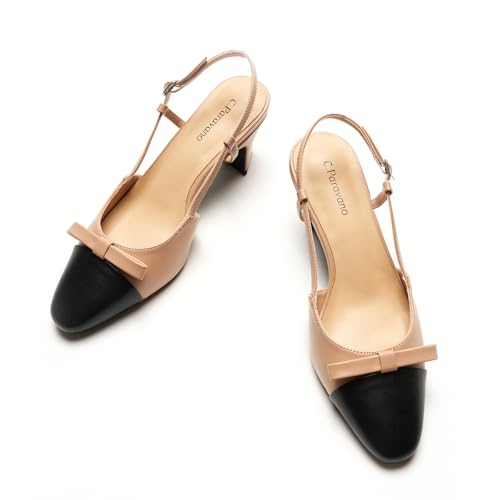 C.Paravano Women's Slingback | Women's Pumps | Low Chunky Heel | Block Heel Pumps | Splicing Bowknot