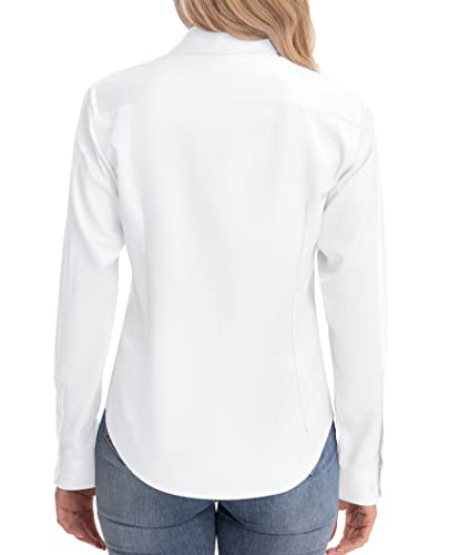Siliteelon Womens Classic-Fit Dress Shirts Long Sleeve Button Down Wrinkle-Free Stretch Solid Casual Work Office Blouse Top White Large #TOP3