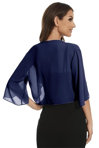 Image of Womens Chiffon 3 /4 Sleeve Shrugs Lightweight Open Front Cropped Cardigan for Dress