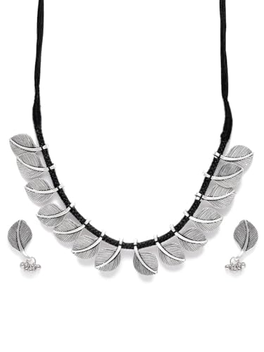 Juego de joyas antiguas con hojas negras y baño de plata Binni'S Wardrobe DMZ-2582 en latón