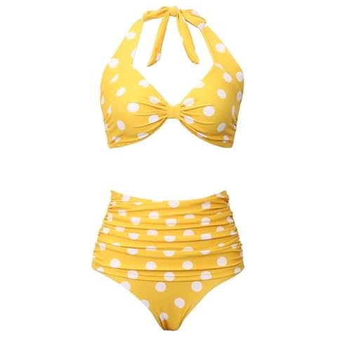 Honlyps Retro High Waist Swimsuit for Women Halter 2 Piece Bathing Suit Ruffle Bikini Set Tummy Control Dots Push Up Tankini Yellow Cover