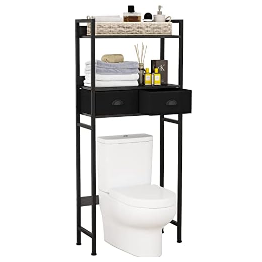 Furnulem Over The Toilet Storage with 2 Fabric Drawers, 3-Tier Tall Bathroom Storage Shelf, Stable Freestanding Above Toilet Stand, Space Saver Organizer Rack for Restroom, Laundry (Black)