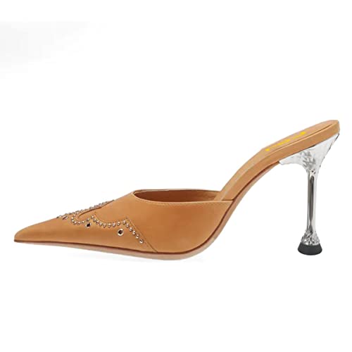 FSJ Women Gorgeous Studded Pointed Toe Mules Stiletto High Heel Slip On Ladies Casual Dress Slipper Shoes Size 4-15 US2