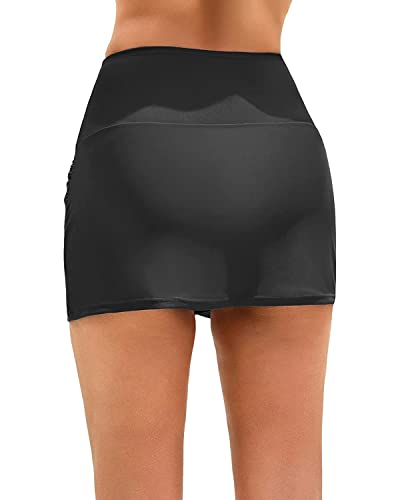 Holipick Women Black High Waisted Swim Skirt Tulip Hem Shirring Bathing Suit Skirt Modest Bikini Bottom S #TOP1