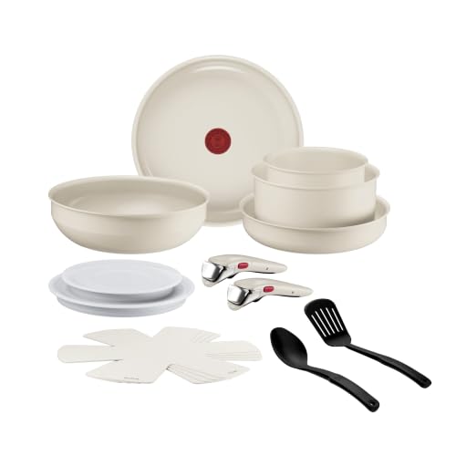 Tefal Ingenio Cerabright L8449834 Cerabright - Batería de cocina (15 piezas, mango extraíble, ahorro de espacio, apilable, apta para inducción, revestimiento cerámico, antiadherente), color beige