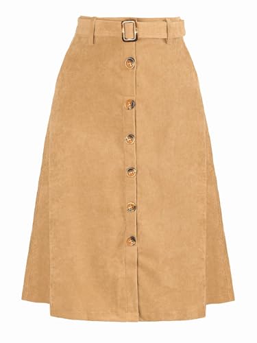 Allegra K Women's Button Front High Waist A-Line Belted Corduroy Midi Skirt