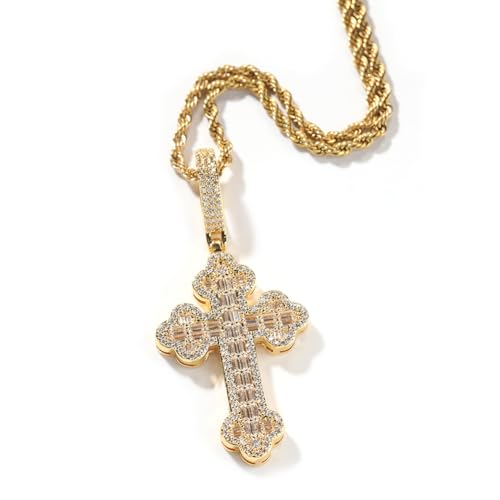 Lulu Mel Iced Out White Gold Plated Cubic Zirconia Cross Pendant Necklace With Rope Chain, Trendy Hip Hop Cross Faith Pendant Jesus Necklace For Men Women