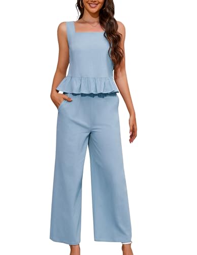Women's Summer 2 Piece Outfits Crop Tank Top Wide Leg Pants Loose Tracksuits with Pockets S-XL