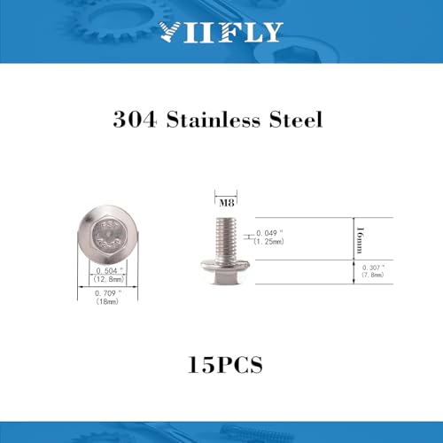 Image of M8x1.25 x 16mm Flanged Hex Head Bolts, 304 Stainless Steel (A2-70), Bright Finish, Fully Threaded, Hexagon Head Flange Bolts, Quantity 15