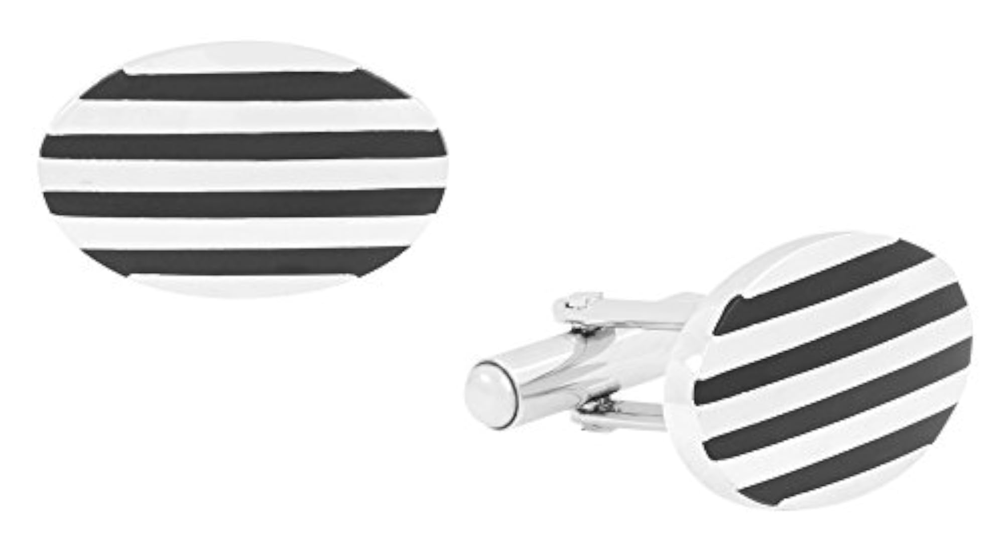 Men's Stripes Oval Black Silver Cufflink Pair