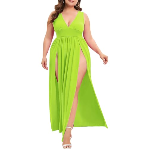 Image of SILUI Women's Summer 2026 Sexy Double High Slit Deep V Neck Plus Size Sundresses Thigh Split Maxi Club Party Dresses