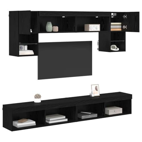 vidaXL Unidades de TV de Pared con LED 6 pcs Roble Negro, Sala Moderna, Unidad Rectangular para TV, Consola Duradera, Amplio Almacenamiento, Mueble de Pared