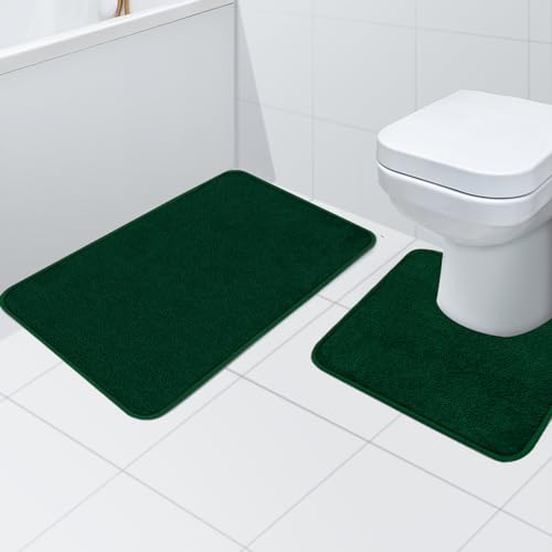 Rururug Bath Mat Sets 2 Piece Washable Microfiber Bathroom Mats New Point Plastic Non-slip Bottom Bath Rug and Toilet Mat Set (Green - Image 2