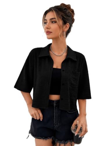 Image of Jacket for Women Stylish Cropped | Trendy Half Sleeve Button Down Casual Top | Loose Fit Shrug for Beach & Resort Outfits | Fashionable Lightweight Jacket (28 K-1-4)