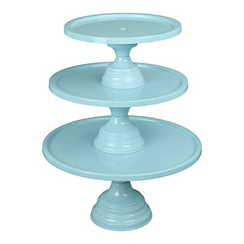 Image of Non Revolving Cake Stand Pedestal 13 inch, 11 inch, 9 inch Diameter (Top), Strong Metal (Set /3, Sky Blue)