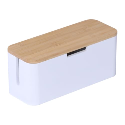 Caja para Cables Relaxdays para regleta de enchufes, bambú, con Tapa, HBT: 14,5x34x11 cm, Oculta Cables, Natural/Blanco