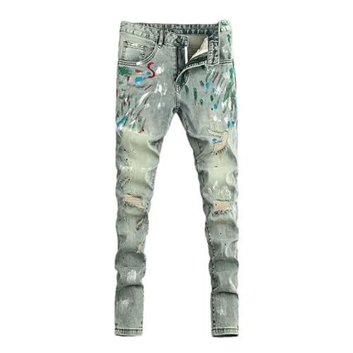 Street Men's Jeans Retro Washed Blue Stretch Slim Fit Ripped Jeans Men Painted Vintage Denim Pencil Pants
