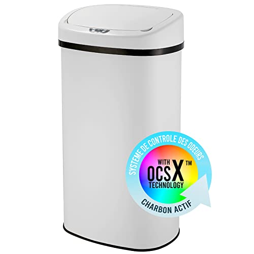 Poubelle Automatique 58L Blanche avec Filtre ANTI-ODEUR et Revêtement ANTI-TRACE | Bac à ordures Electronique Cuisine Salle de Bain en Acier Inoxydable | Couvercle Electrique | Sac 50 ou 60 litres Cover