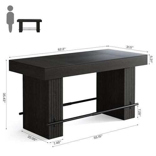 Image of Tribesigns 62.2 Inch Bar Table, Industrial Counter Height Pub Dining Table, Rectangular Home Bar Units with Metal Footrest for Home Kitchen, Dining Room, Bistro, Black