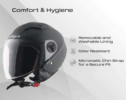 Image of Vega VO-05 Clark ISI Certified Open Face Motorcycle Helmet with High-Impact ABS Shell, Scratch-Resistant Visor, Comfortable Breathable Inner Padding & Secure Strap - Dull Black - M
